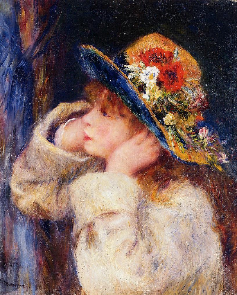 Young girl in a hat decorated with wildflowers 1880